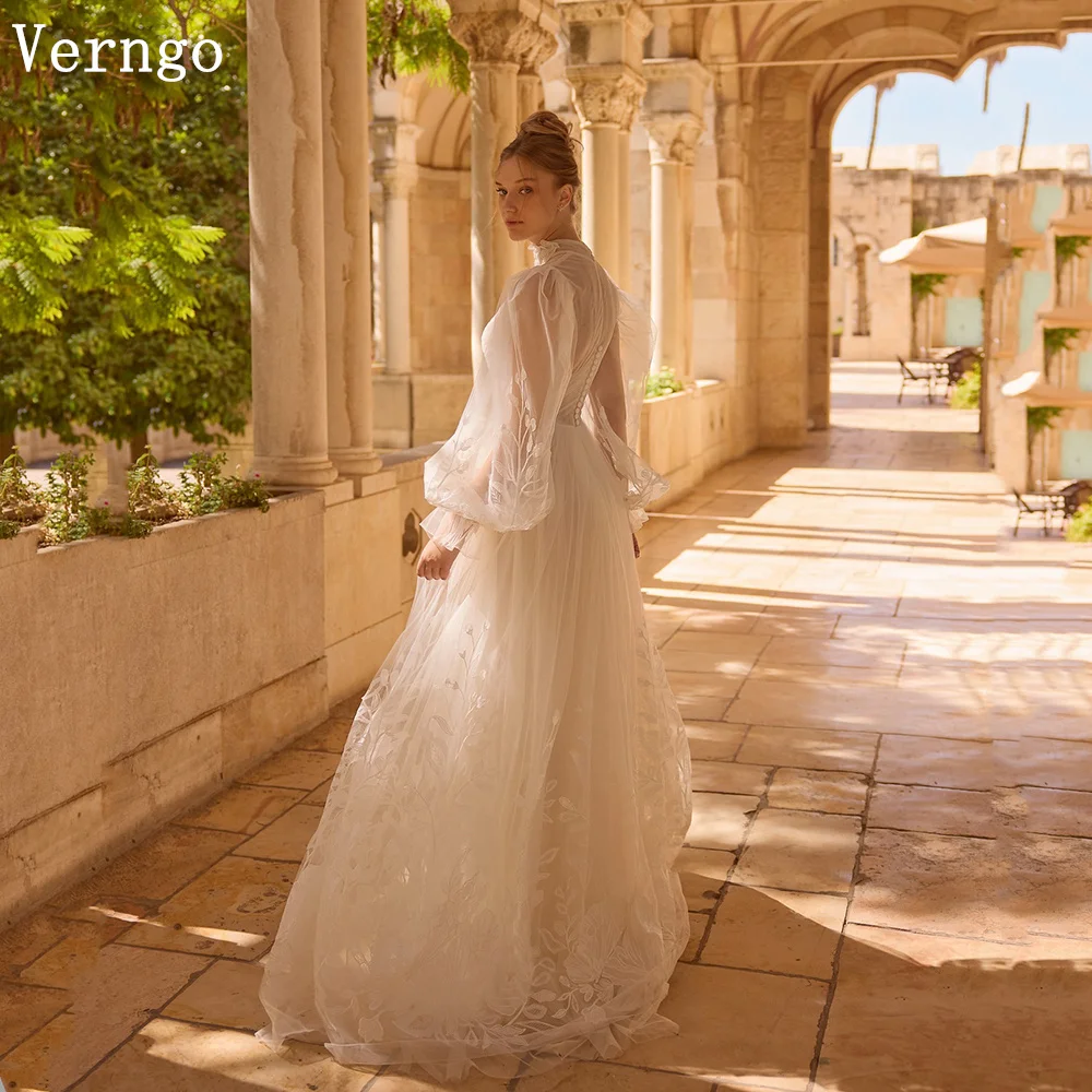 

Verngo lvory Tulle Wedding Dress Elegant High Neck Full Sleeves Bridal Gowns Modest Flowers Boho Bride Dresses Customized