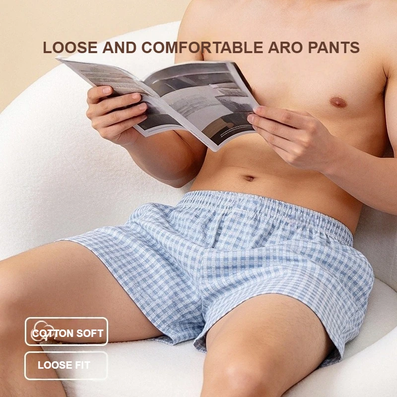 Men's Breathable Cotton Plaid Aro Pants Loose Boxer Shorts Summer Thin Beach Pajama Home Shorts 3-Pack
