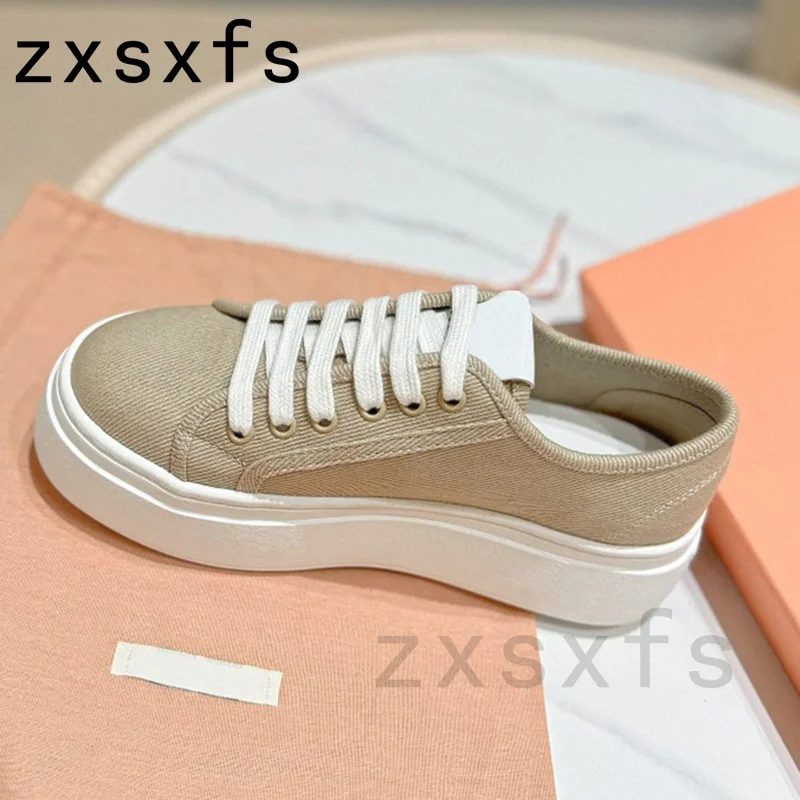 Sneakers datar kanvas bertali wanita sepatu pantofel Slip On Platform sepatu pelari kasual Flat musim semi wanita untuk Mules wanita