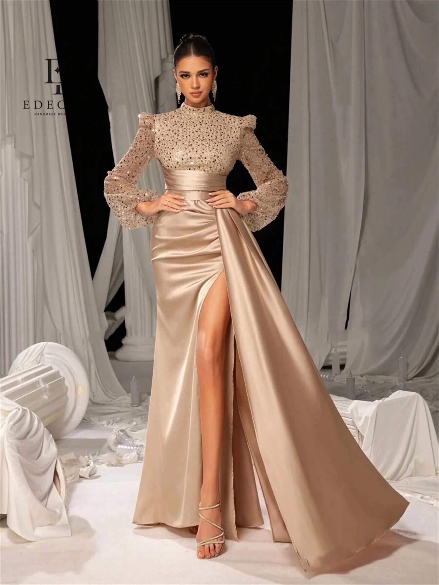 EDECPBM cuello redondo hermosos Vestidos De graduación tienda invitados Vestidos De noche De boda 2025 Vestidos De fiesta De manga larga De lujo satén