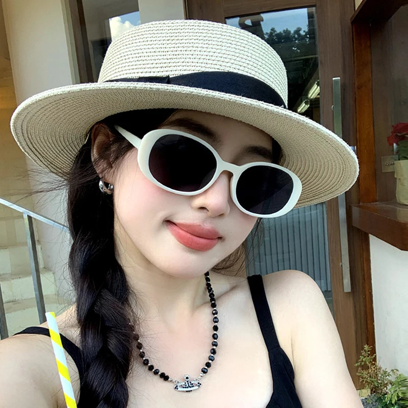 New 2026 Women's Beach Sandals UV Protection Woven Straw Hat Flat Top Hat Elegant Style for Summer Outdoor Activities
