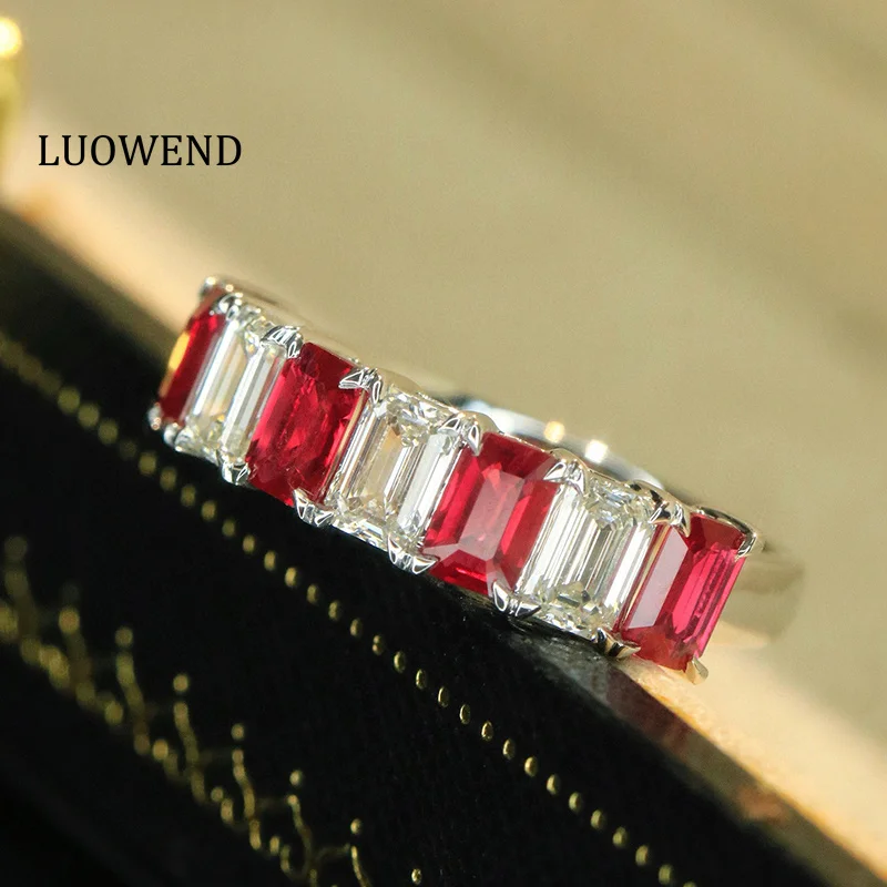 LUOWEND 18K White Gold Rings Women Real Natural Diamond Natural Ruby Engagement Ring Luxury Classic Design High Party Jewelry