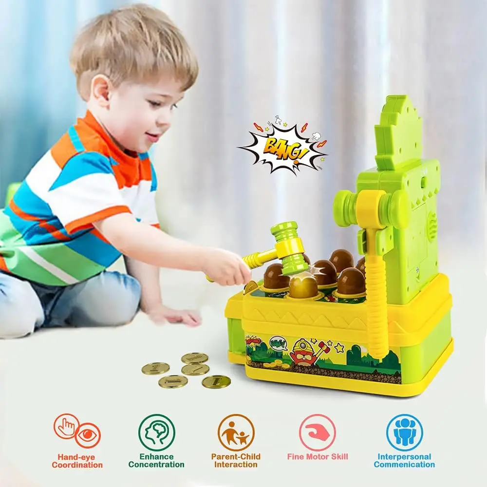 VATOS Mini banco de juegos arcade que funciona con monedas con 2 martillos, juguete de desarrollo electrónico interactivo para niños de 3 a 6 años