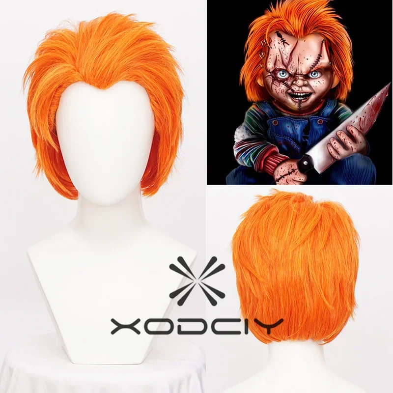 Peluca corta de Cosplay de semilla de Chucky naranja, peluca de disfraz de novia de Chucky resistente al calor, gorro de peluca