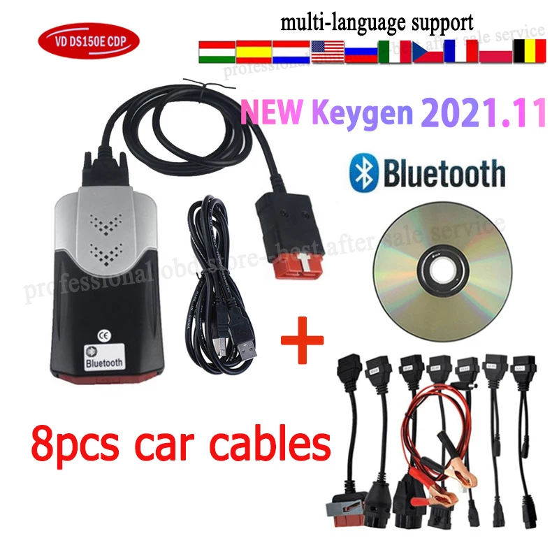 2021.11 Keygen Vd Ds150e Cdp TNESF DELPHIS ORPDC USB con Bluetooth para coches camiones Obd Obd2 herramientas de diagnóstico + 8 Uds Cables de coche