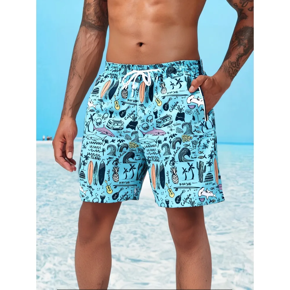 Men's surfing graffiti print Hawaiian beach shorts quick-drying swim trunks surfing shorts summer beach vacation surfing shorts