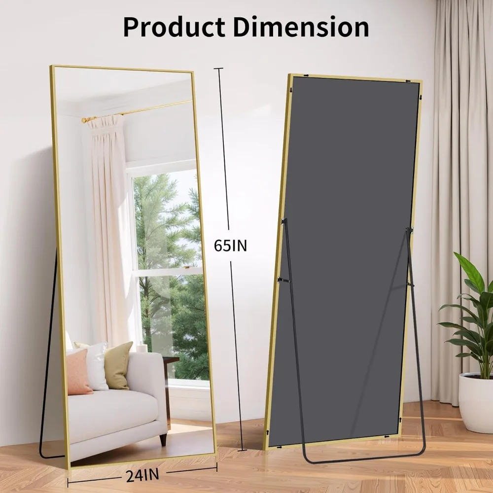 Espelho de chão dourado de comprimento total com suporte, espelho elegante de corpo inteiro para casa, espelho de parede grande