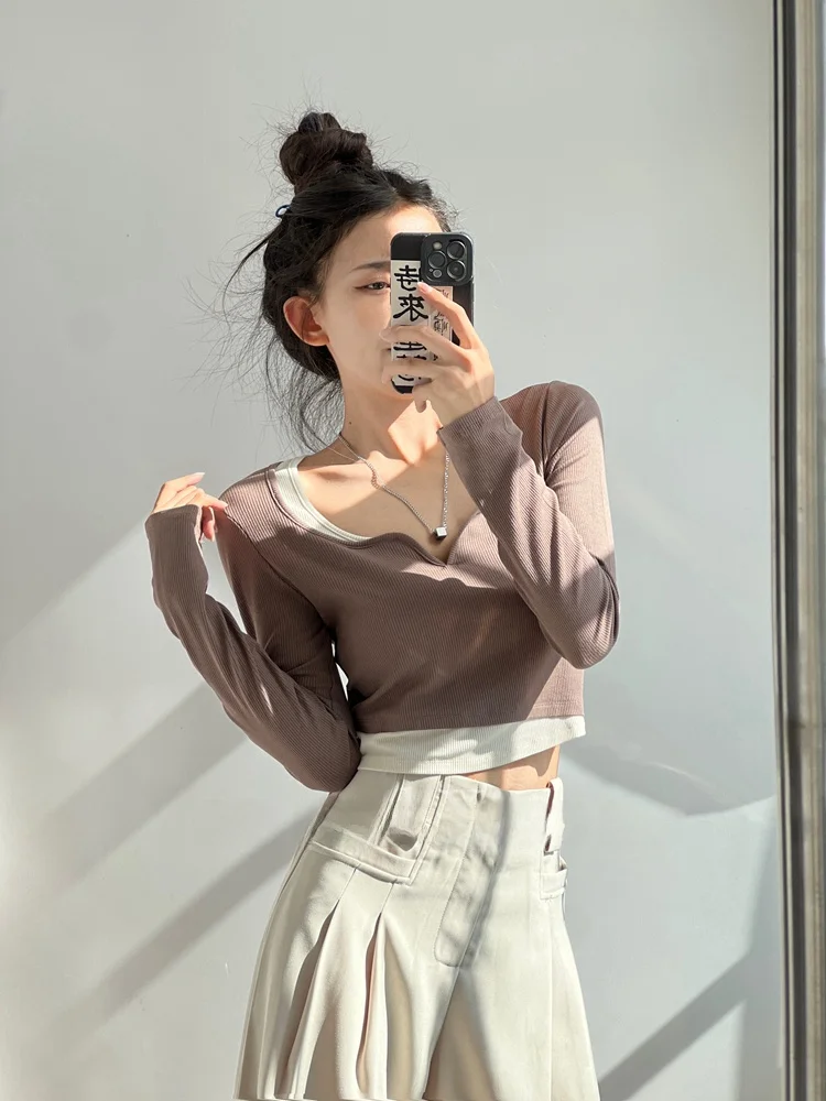 سليم صالح ort Sve تي شيرت المرأة الربيع V-ne اللون بلو طويل Sve Faionable التخسيس ort طول البطن Baring الأعلى #3