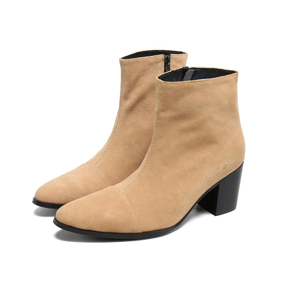 

Nylon Cream-Colored Genuine Leather Zipper High Heels Pointed Toe Boots Male Wedding British Style Party Men Dress Shoes