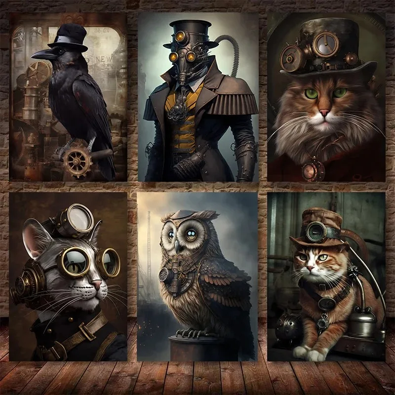 Vintage Skull Frog Owl Raven Steampunk Portrait Canvas Painting Living Room Vintage Animal Wall Art Home Decoration