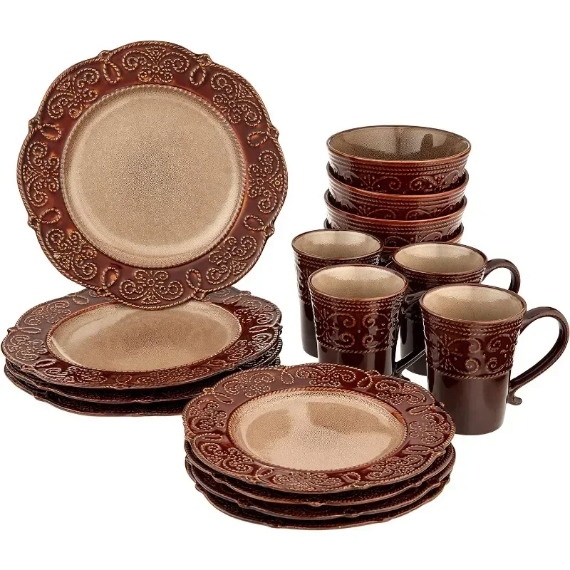 Elama Round Decorated Stoneware Scallop Embossed Dinnerware Dish Set 16 Piece Salia Dinner Set Plates and Dishes