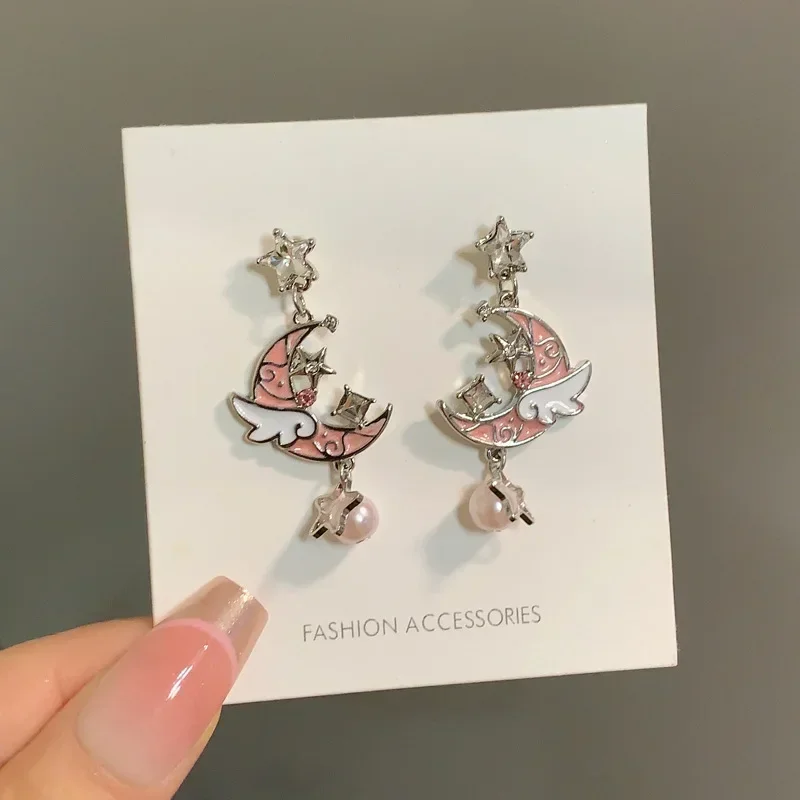 S925 Needle Japanese Style Cute Cat on The Moon Earrings Cartoon Dreamy Gentle Pink Moon Sweet Angel Wings Star Earrings