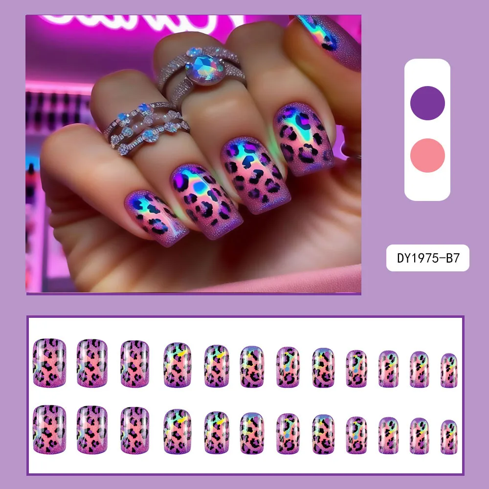 Short Medium fake nails for women Gradient purple Pink leopard printing Square nail tips full cover press on false nail art