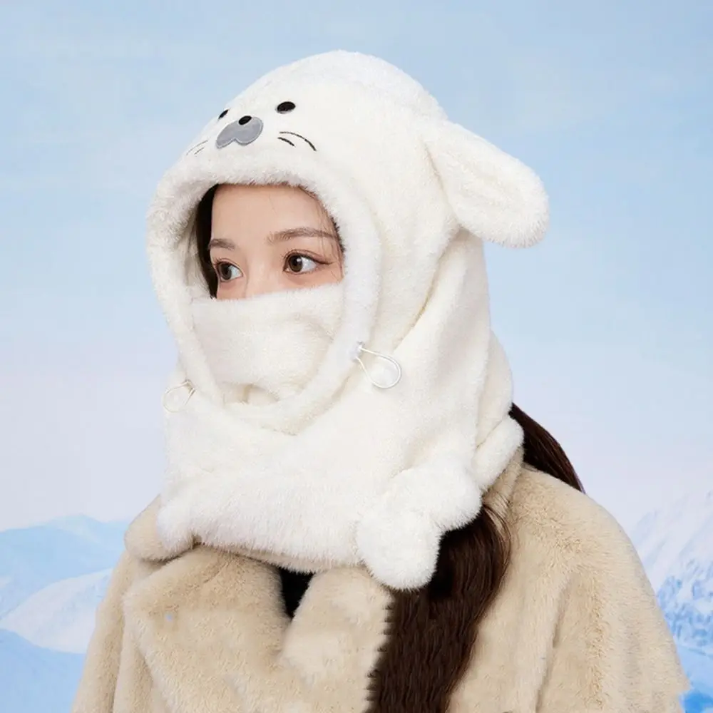 Cute Fleece Seal Hooded Scarf 3 in 1 Solid Color Mask Pullover Hat Cute Beanie Winter Cap Winter/Autumn