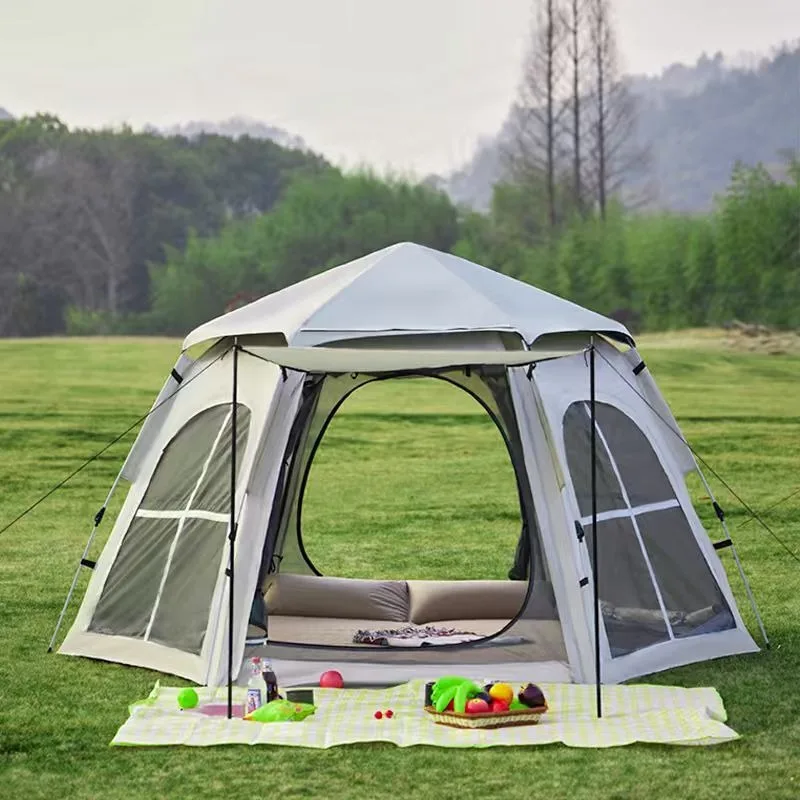 4-6 Person Hexagonal Camping Tent Cross Window Design Large Space Sunscreen Outdoor Shelter For Company Team Building Camping