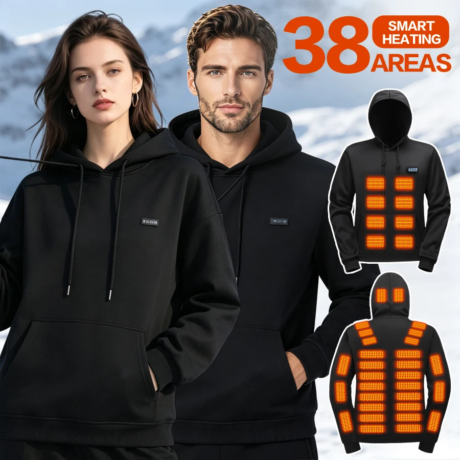 Unisex Pullover Heated Hoodie USB Rechargeable Full Body Heating Zones Electric Thermal Warm Fleece Lined Hooded Sweatshirt Wint