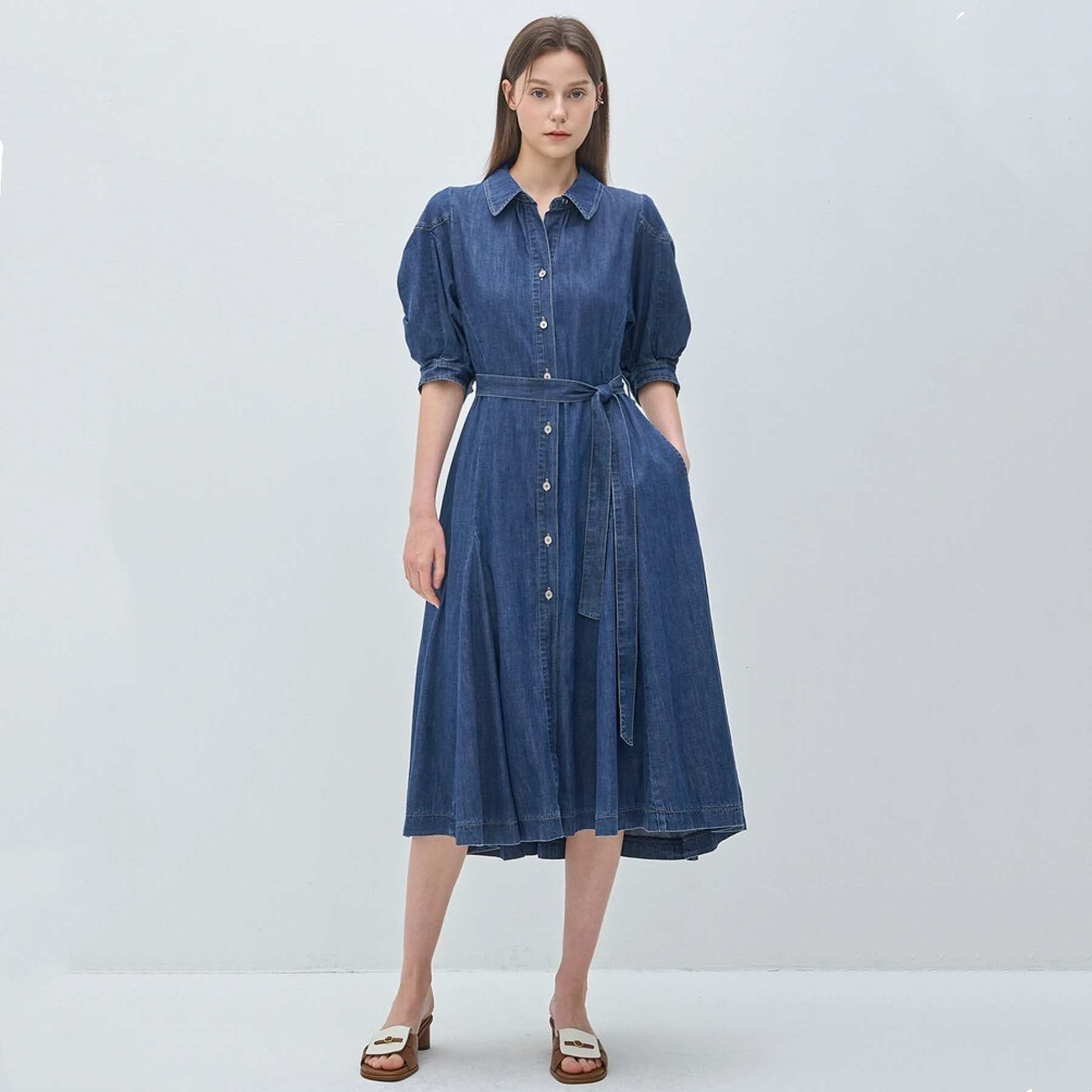 Casual Faionable  Collar Pleated Waist Belt Design Bubble Sve ort Sve Denim Dr Cotton Summer Ci Commute