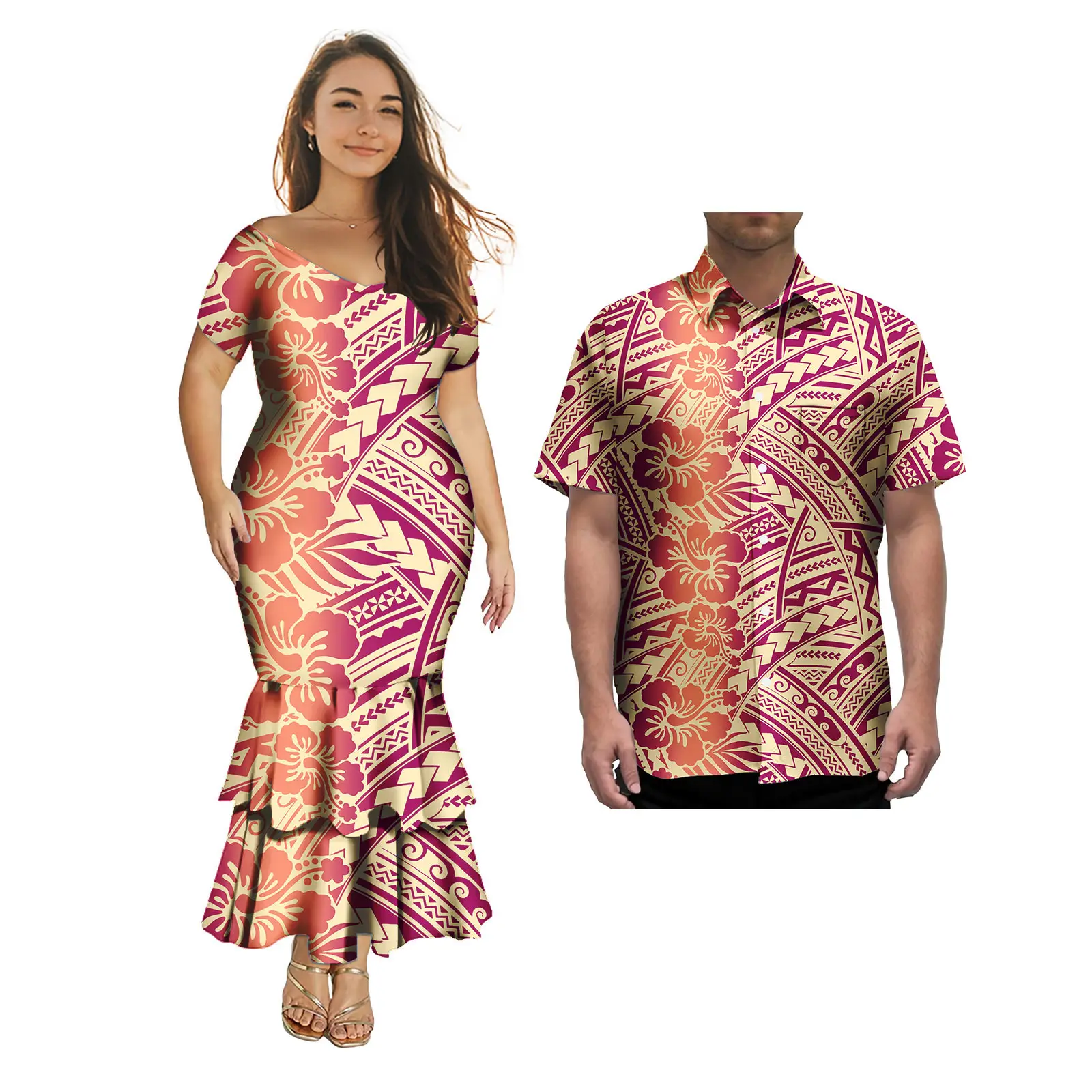 Nova venda quente roupas de casal 2 pçs personalizado samoa tonga polinésia tribal feminino com decote em v sereia vestido de baile jogo aloha camisa masculina