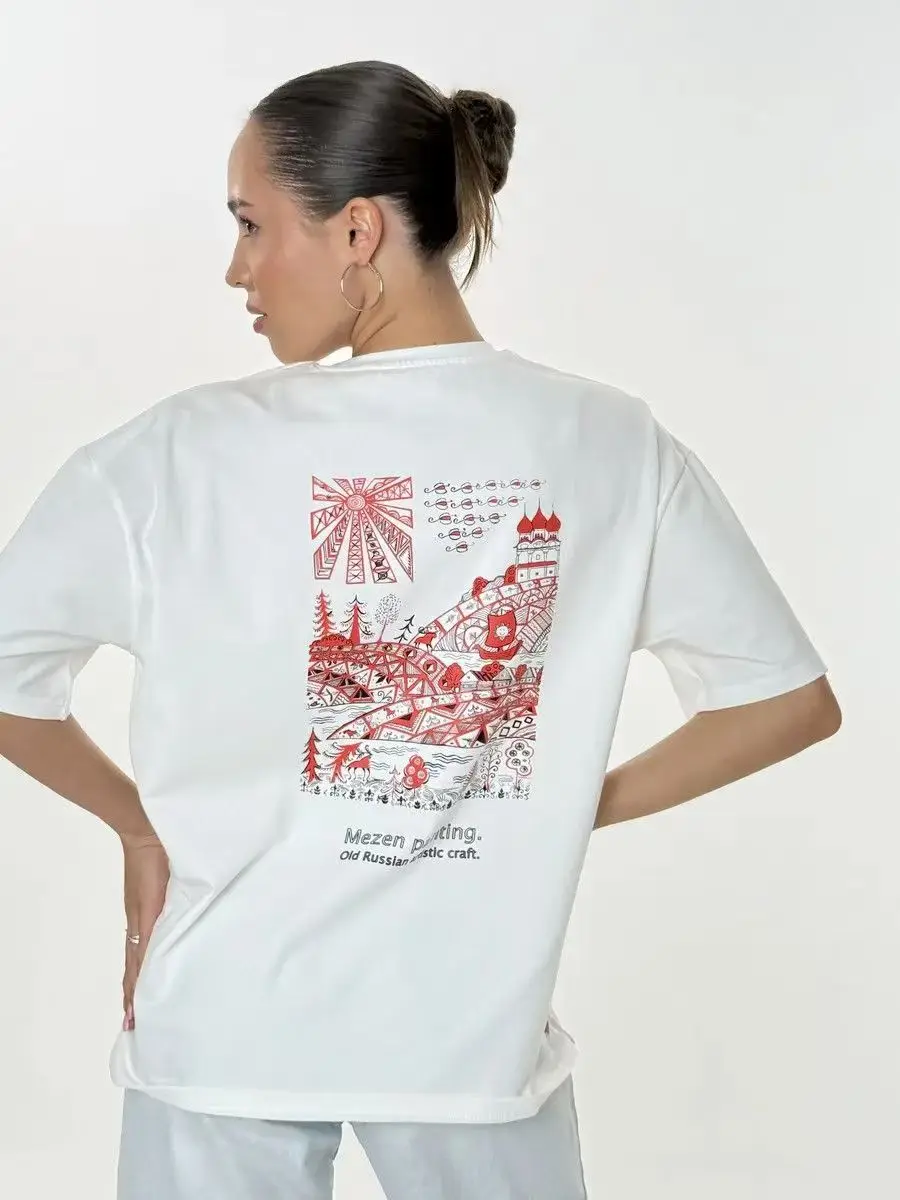 Funny Pattern Mezin Painted Russian Ancient Folk Crafts Printed 100% Cotton High Street T Shirts for Women Clothes Casual Tees