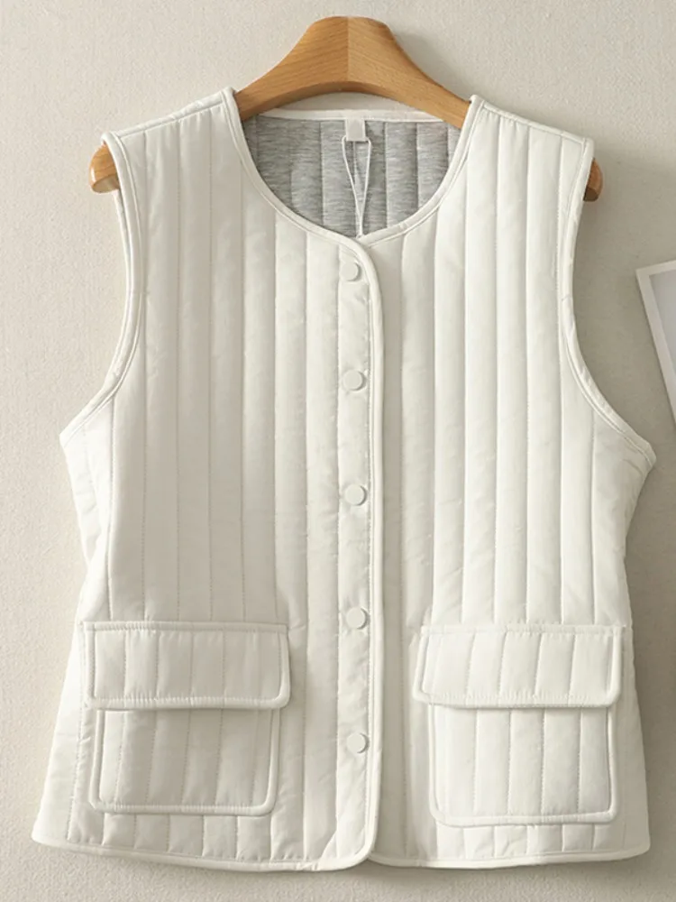 

Women's Cotton Lined Windproof Vest Svel Vertical Pred Line Design Commute Sle round Ne Regular Length Jaet