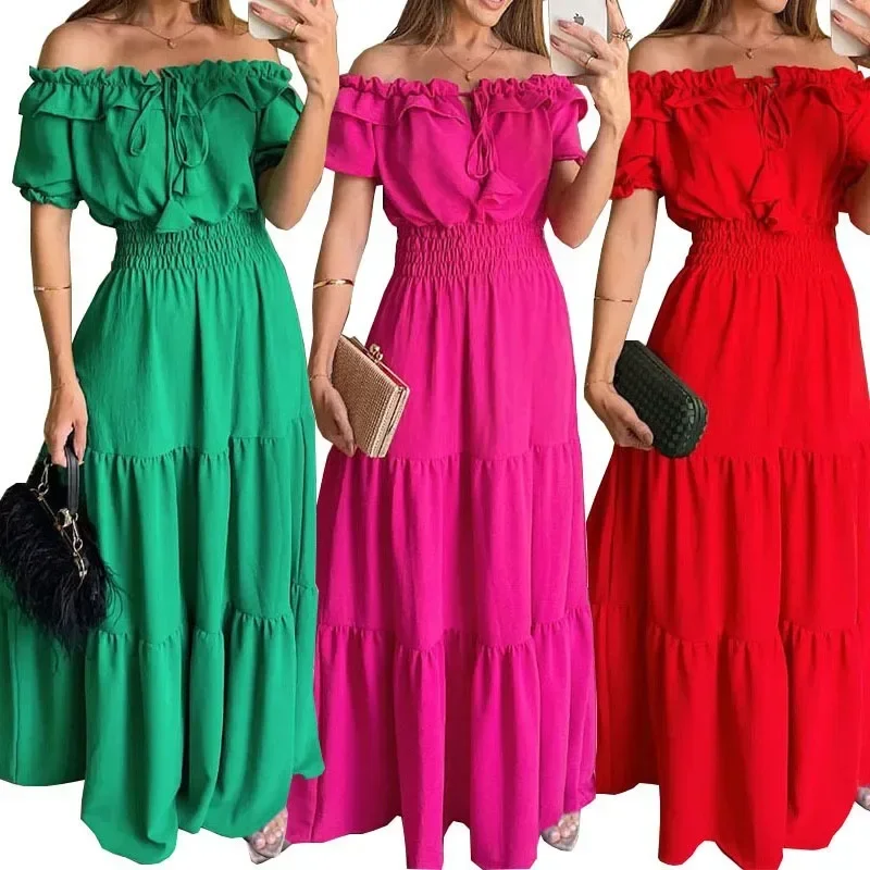 

Summer Slim Elastic Waist Long Dress Women Elegant Off Shoulders Big Swing Maxi Beach Dress Party Robe Femme Lace Up Robe Платье