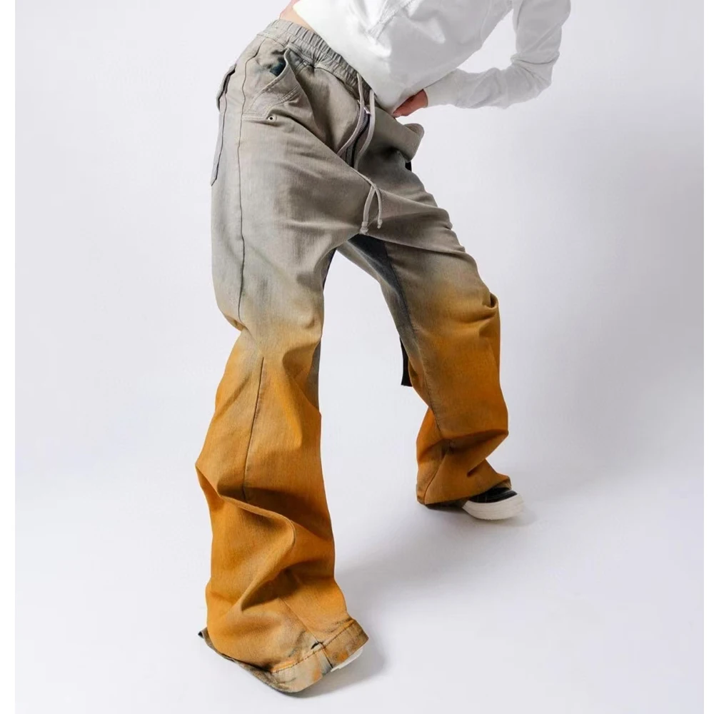 High Street Dark Ro Cotton Denim Pant Women's Retro Dark Vintage RO Style Gradient Yellow Loose Zipper Denim Floor Pants