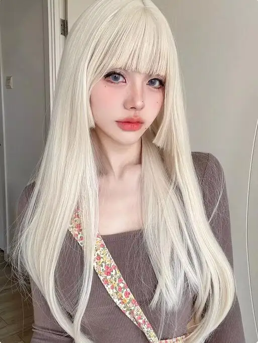 

26Inch Blonde Platinum Golden Synthetic Wigs With Bang Long Natural Straight Hair Wig for Women Hime Cut Cosplay Heat Resistant