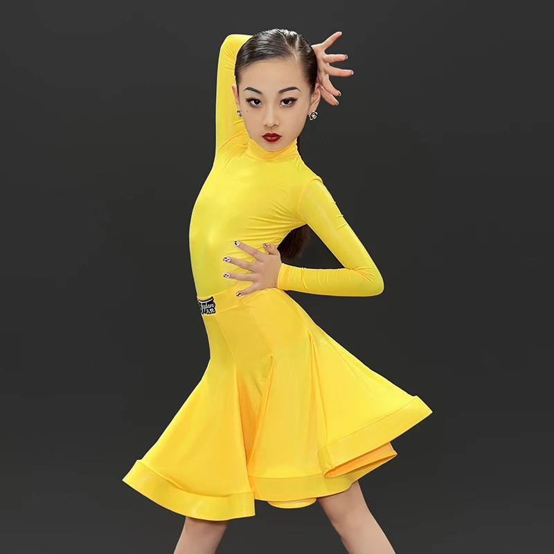 Kids Latin Dance CLothes Girls Competition Dress Long Sleeves High Collar Suit Cha Cha Ballroom Dance Training Clothing DNV19260