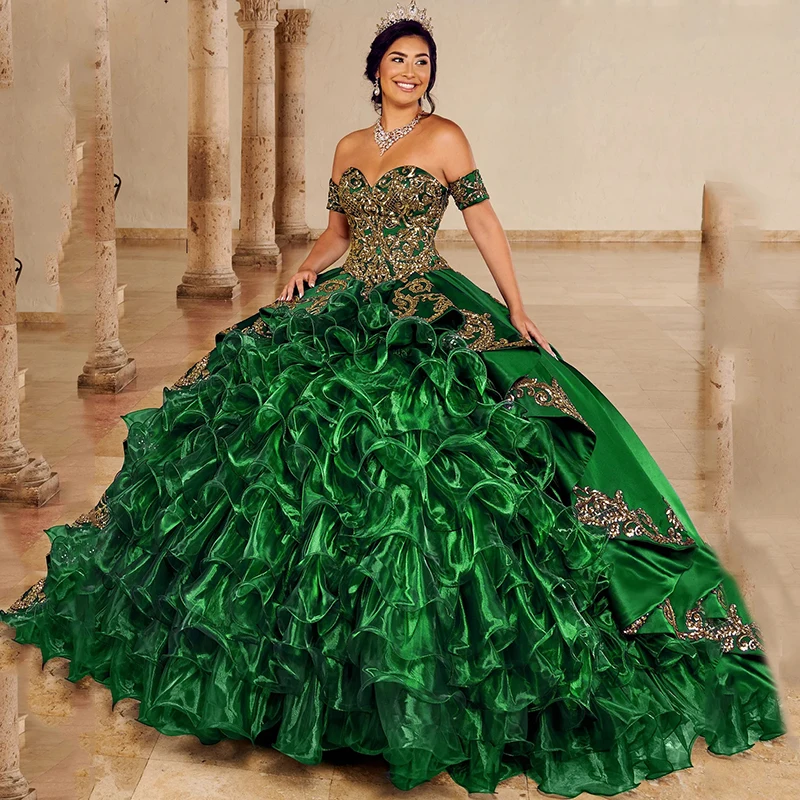 Doymeny Ruffled Quinceañeras Dresses Appliques Satin Vestidos De 15 Años Quinceanera Birthday 16 Flower فساتين