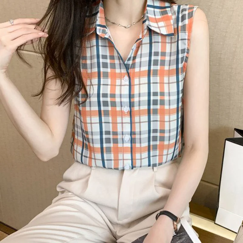 Fashion Lapel Button All-match Lattice Shirt Women\'s Clothing 2023 Summer New Casual Tops Sleeveless Office Lady Blouse