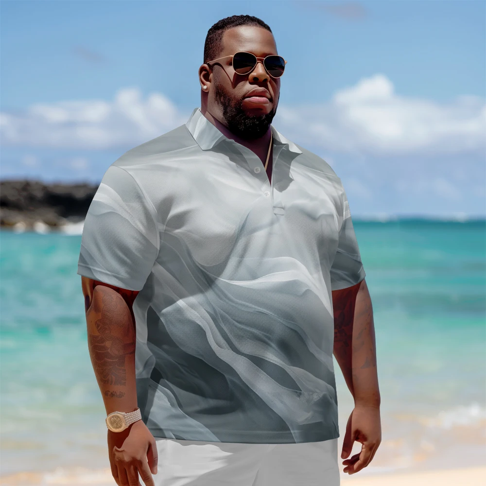 

Large men's summer short sleeved lapel Silver Gray corrugated printed t-shirt Daily casual button polo shirt