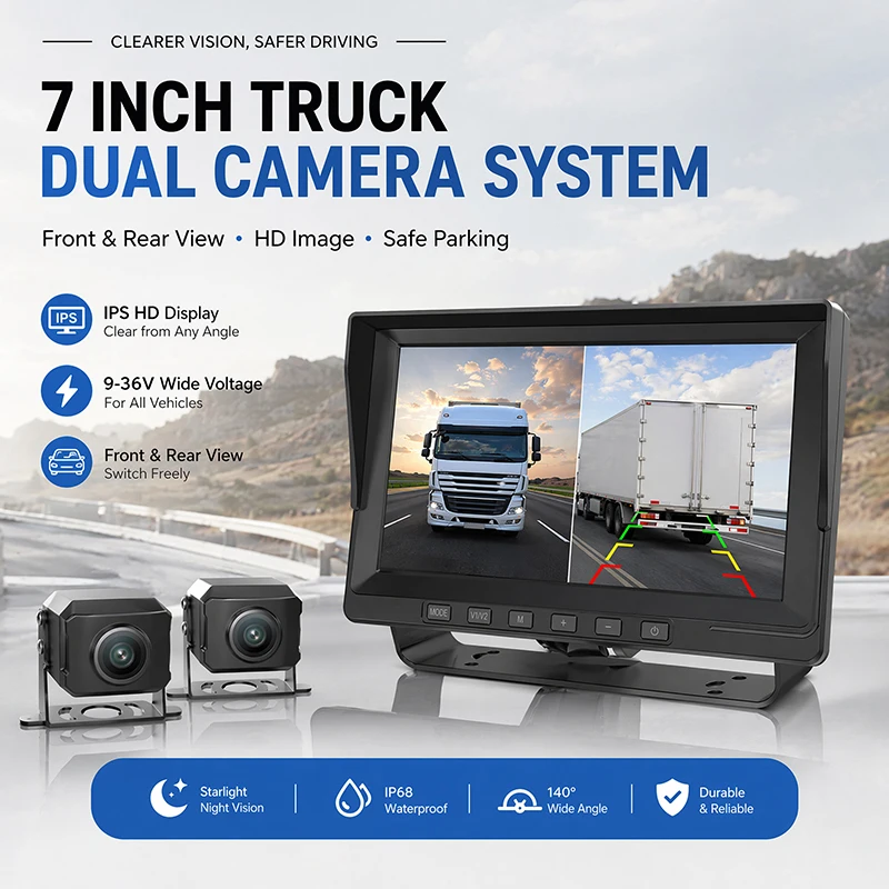 Truck monitoring reversing image 7 inch IPSAHD large screen 24V truck front and rear dual high definition night vision camera