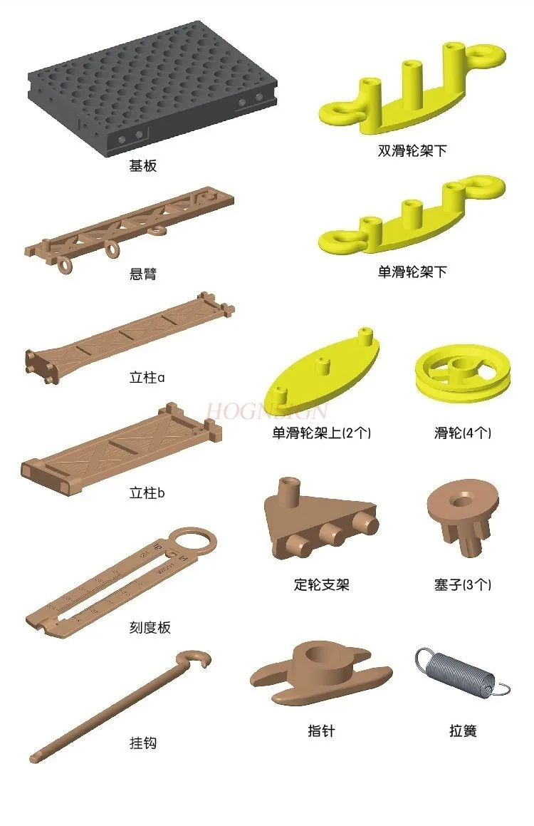 1set fixed pulley, double acting pulley, spring, weighing bracket structure, Pulley group mechanics experimental teaching aid,