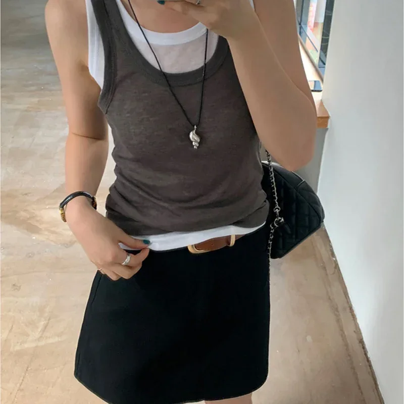 CASUMANL Brand Fake Two Pieces Tanks Females 2024 Summer New Solid Color Sweet Basics Tops Women Casual Cheap Womans Clothes