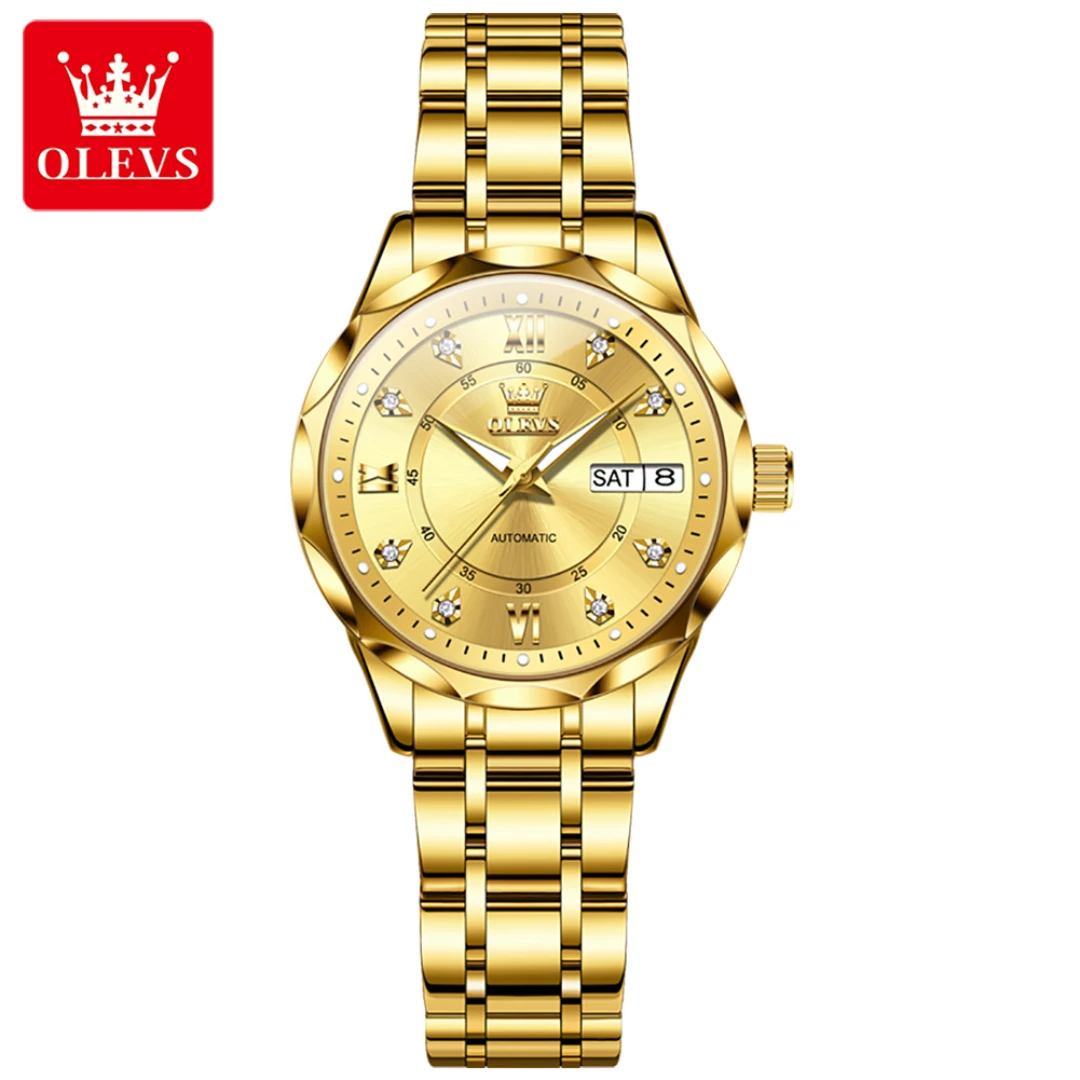 

OLEVS 6727, модные механические часы, подарок, круглый циферблат, ремешок для часов из нержавеющей стали, наручные часы с дисплеем недели, светящийся календарь
