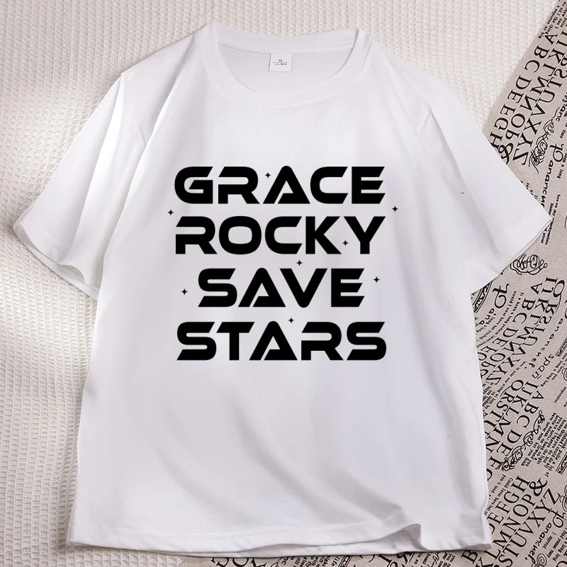 Project Hail Mary Grace Rocky Save Stars T-Shirt Men Women Minimalist Space Graphic Tee Casual Cotton Short Sleeve Tee