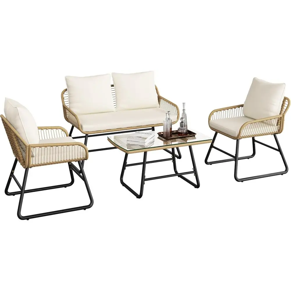 

4-Piece Outdoor Wicker Patio Furniture Set with Boho Loveseat, 2 Armchairs, Cushions, Pillows, and Glass Top Table - Tan/Cream