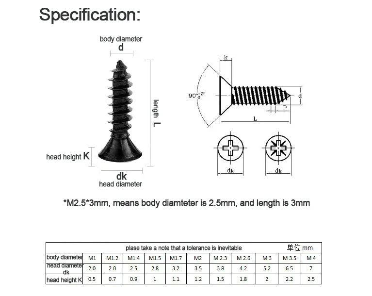 100pcs M1.2 M 1.3 M1.4 M1.5 M1.6 M1.7 1.8 M2.2 2.5 2.6 검정색 탄소강 크로스 플랫 카운터 싱크 헤드 미니 셀프 태핑 나사