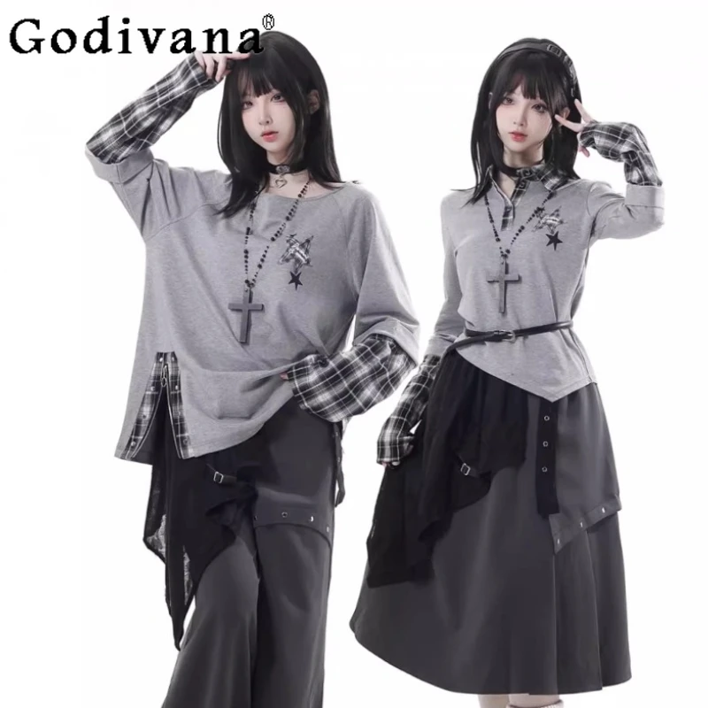 

Повседневная студенческая одежда в японском студенческом стиле, осень 2024, милая крутая свободная футболка с длинными рукавами, топы, брюки, юбка, комплект с поясом