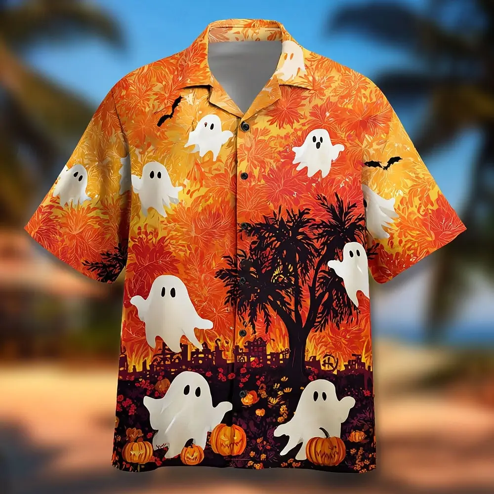 

Men's 2025 Halloween Short Sleeve Shirt,Cute Ghost Printed Polyester Casual Fit, Themed Party Graphic Tee, Fal Funny Print Tops