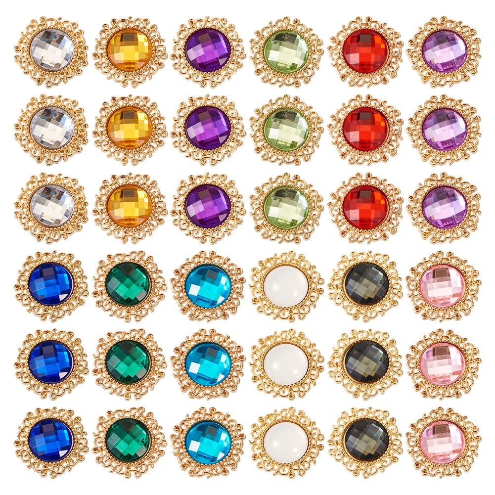 

48Pcs 12 Colors Round Glass Cabochons Light Gold Color Alloy Flower Edge Flatback Beads DIY Jewelry Making Finding