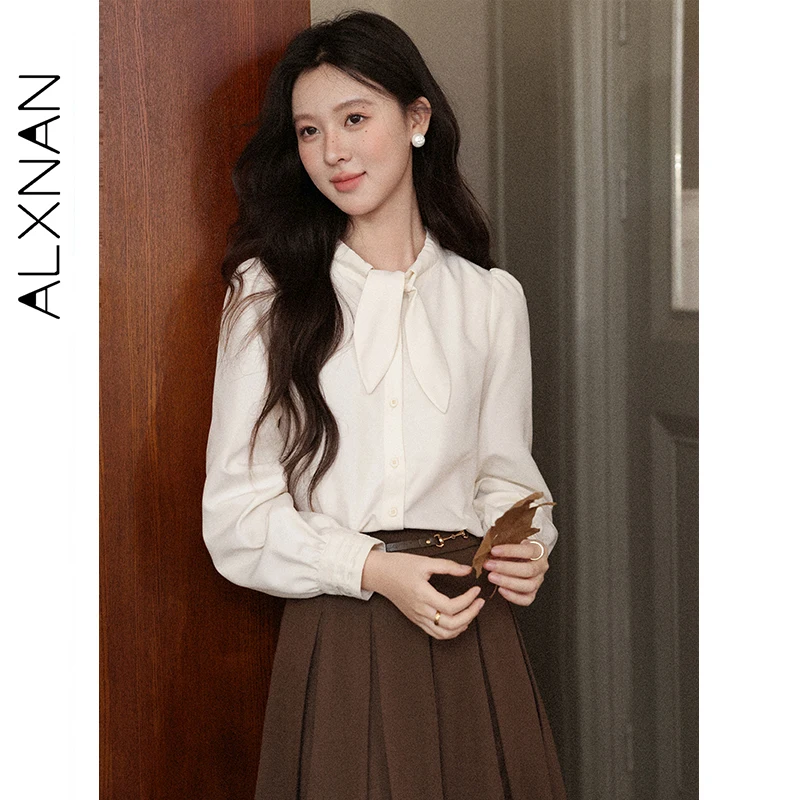 

ALXNAN женская рубашка абрикосового цвета, элегантные офисные женские повседневные блузки с длинными рукавами, осень 202, уникальный галстук-бабочка, свободный женский топ L57838