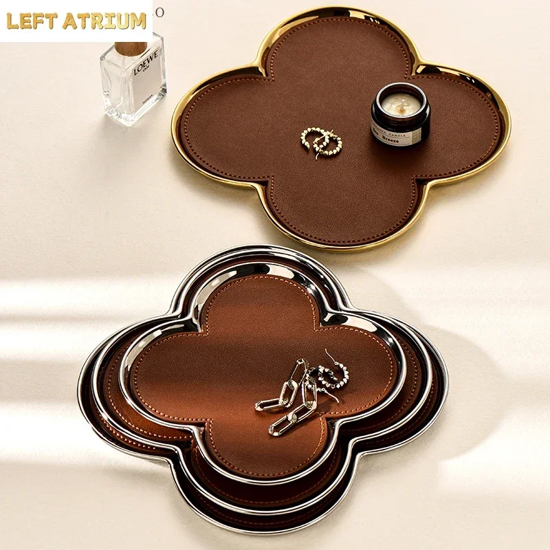 European style luxury four leaf clover ceramic leather jewelry aromatherapy storage tray living room entrance key tray ring dish