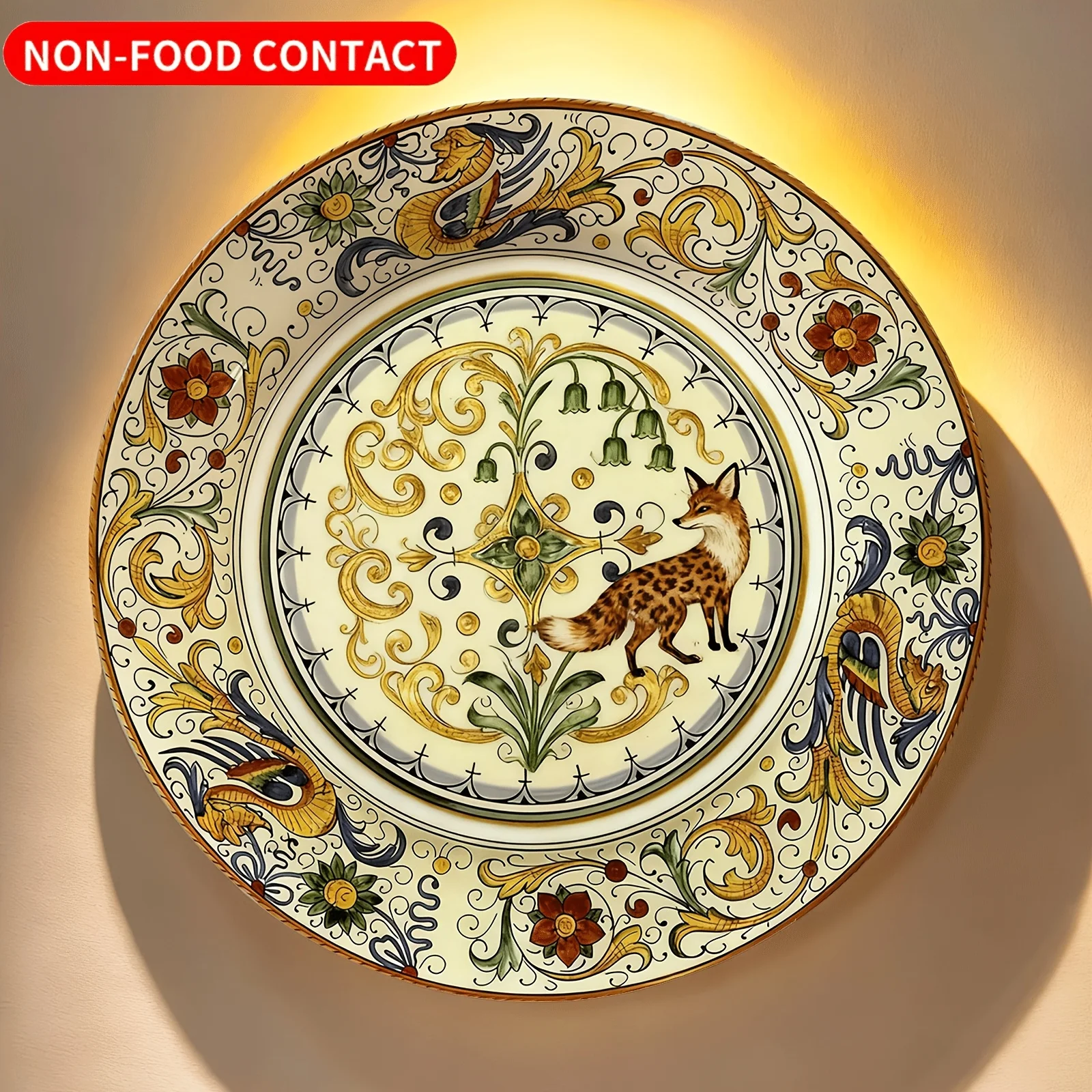 Single-Pack Decorative Plate, Fox Floral Design, Golden Italian-Style Pattern, Non-Food Contact Ceramic Wall Art, Suitable for