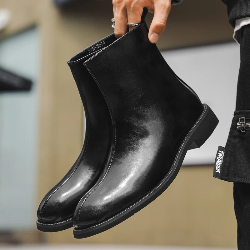 Size 38-46 Business Men Ankle Boots Brand Black British Style Chelsea Boots High-top Leather Shoes Retro Fashion Ankle Boots