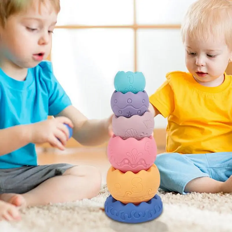 Juguetes apilables de goma, juguetes apilables de goma de cáscara de huevo, juguetes sensoriales apilables, bloques de construcción suaves, juguetes de aprendizaje preescolar para niños