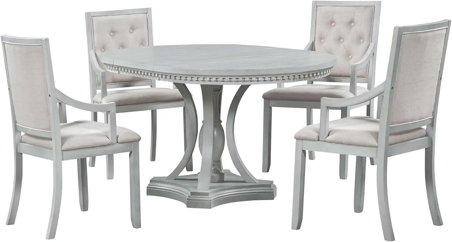 LUMISOL 5-Piece Round Dining Table Set: Extendable Table & Upholstered Chairs, Farmhouse Style, Antique Gray Oak