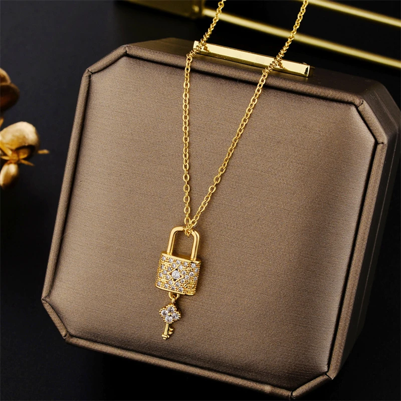 New In Light Luxury Zircon Crystal Tassels Key Lock Pendant Stainless Steel Necklaces For Women Trendy Female Clavicle Chain