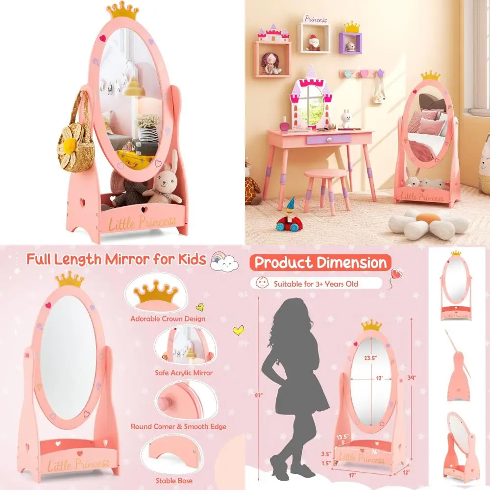 

360 Degree Rotatable Oval Dressing Mirror, Full Length Free Standing Mirror with Storage Shelf for Kids, Princess Style