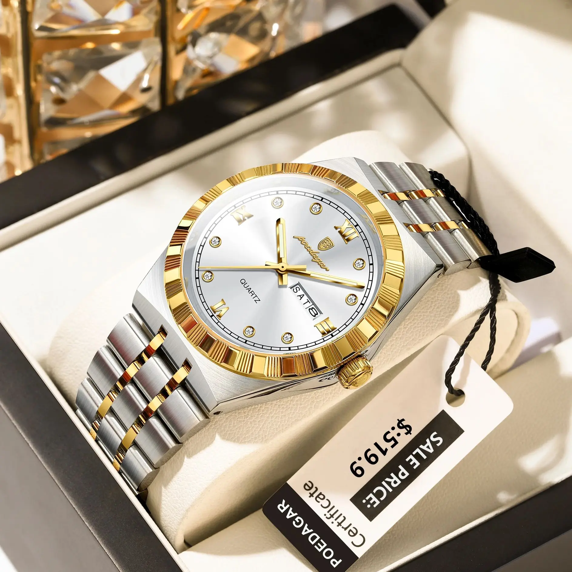 POEDAGAR Luxury Business Male Watch Waterproof Luminous Week Date Men's Wristwatch Stainless Steel Trendy Quartz Watches For Men